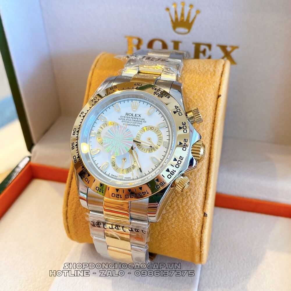 Đồng Hồ Rolex Daytona Tự Động Nam Dây Kim Loại Demi Trắng 40mm