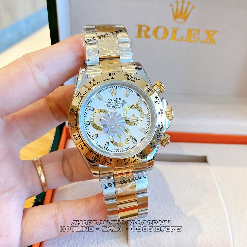 Đồng Hồ Rolex Daytona Tự Động Nam Dây Kim Loại Demi Trắng 40mm