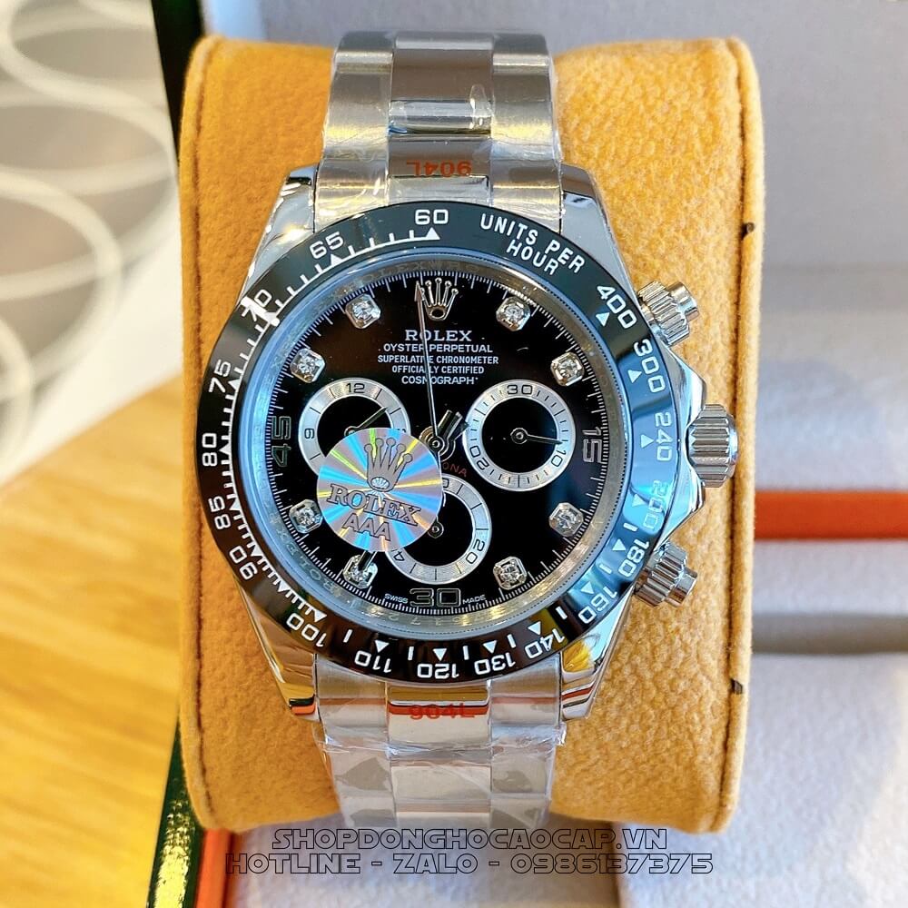 Đồng Hồ Rolex Daytona Tự Động Nam Dây Kim Loại Mặt Đen Silver 40mm