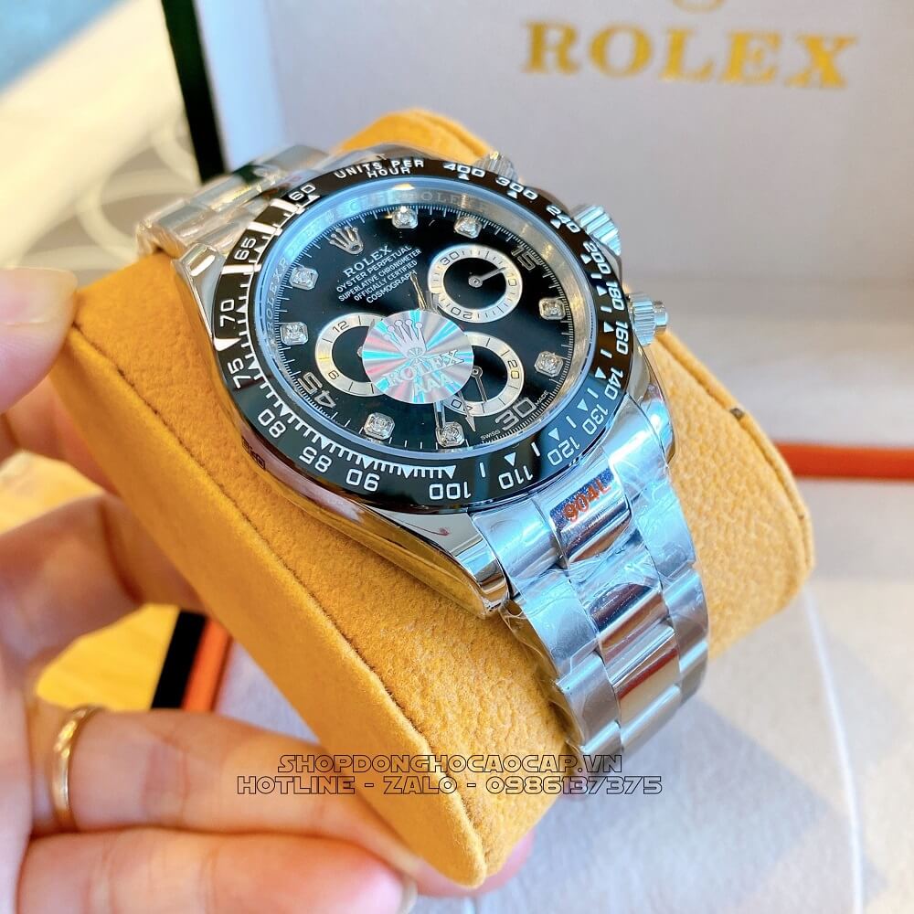 Đồng Hồ Rolex Daytona Tự Động Nam Dây Kim Loại Mặt Đen Silver 40mm