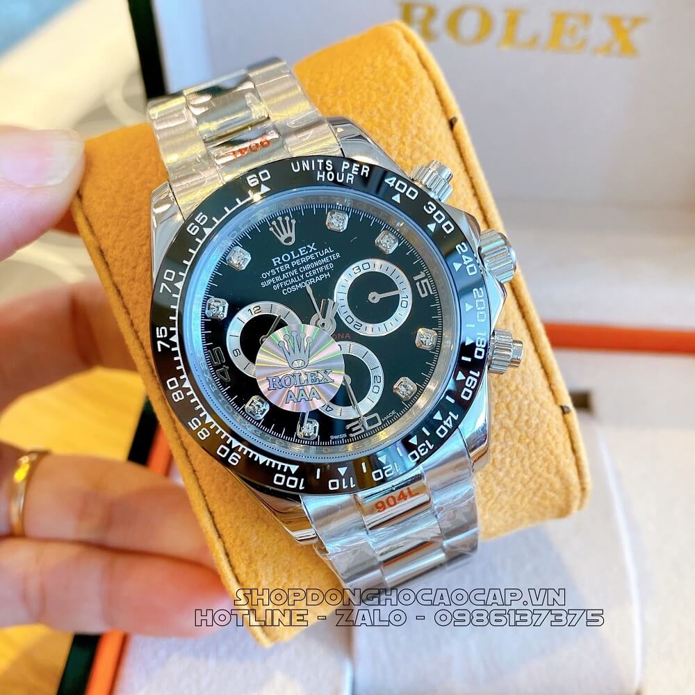 Đồng Hồ Rolex Daytona Tự Động Nam Dây Kim Loại Mặt Đen Silver 40mm