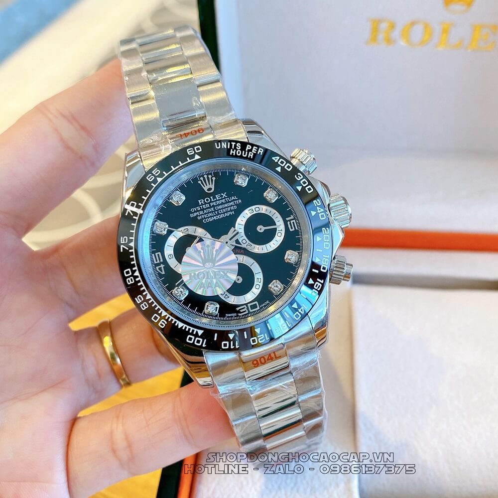 Đồng Hồ Rolex Daytona Tự Động Nam Dây Kim Loại Mặt Đen Silver 40mm