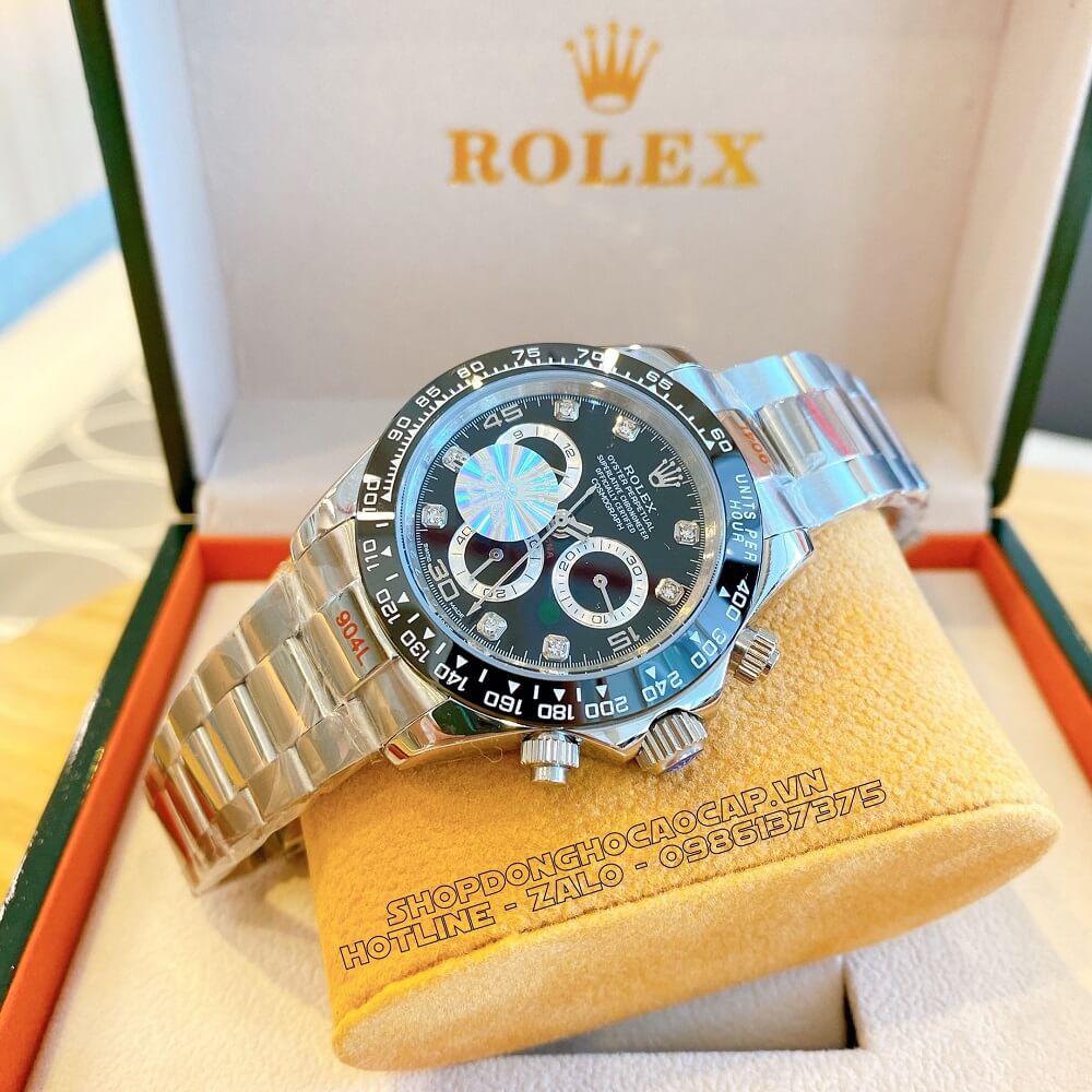 Đồng Hồ Rolex Daytona Tự Động Nam Dây Kim Loại Mặt Đen Silver 40mm