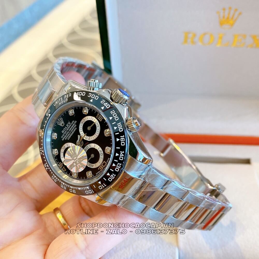 Đồng Hồ Rolex Daytona Tự Động Nam Dây Kim Loại Mặt Đen Silver 40mm