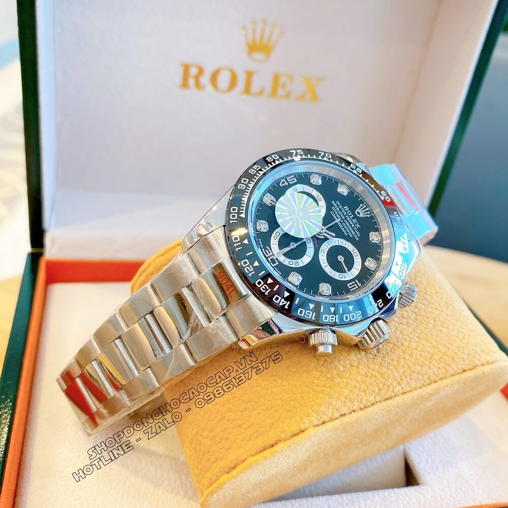 Đồng Hồ Rolex Daytona Tự Động Nam Dây Kim Loại Mặt Đen Silver 40mm