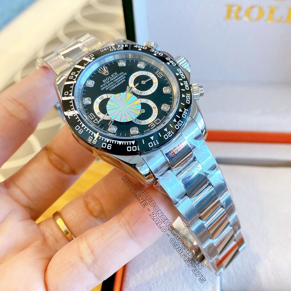 Đồng Hồ Rolex Daytona Tự Động Nam Dây Kim Loại Mặt Đen Silver 40mm
