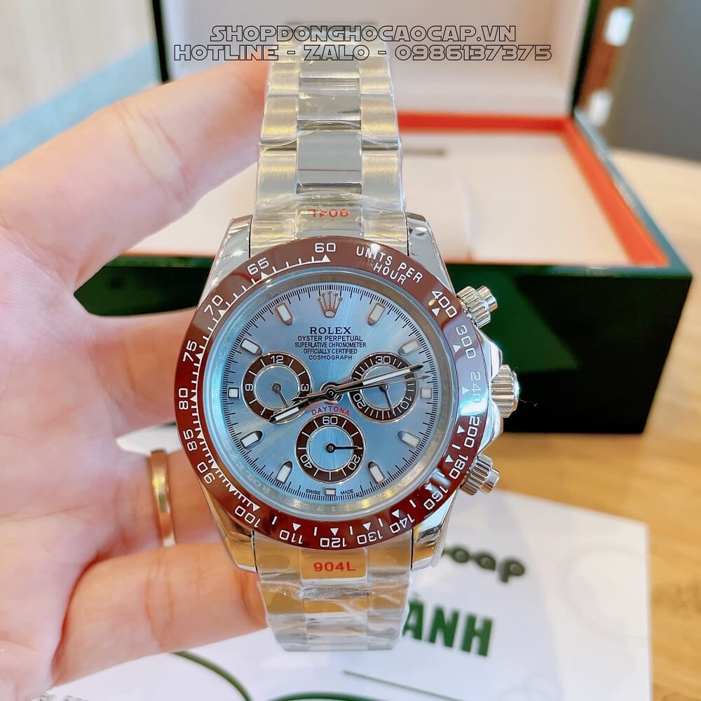 Đồng Hồ Rolex Daytona Tự Động Nam Dây Kim Loại Mặt Xanh Silver 40mm