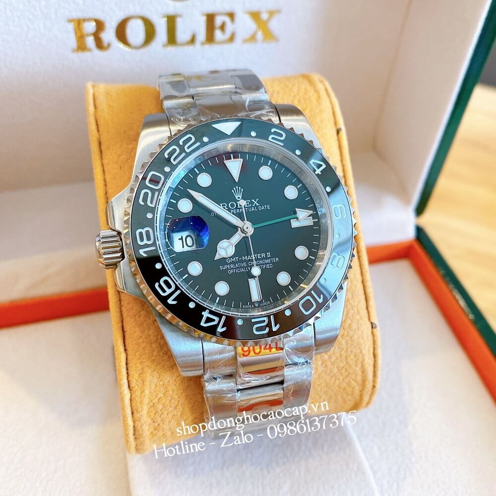 Đồng Hồ Rolex GMT-Master II Tự Động Nam Dây Kim Loại Mặt Đen Silver 41mm