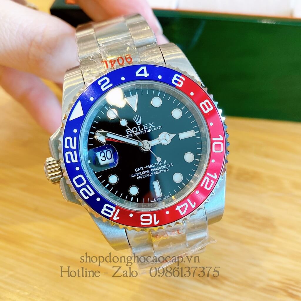 Đồng Hồ Rolex GMT-Master II Tự Động Nam Dây Kim Loại Mặt Đen Silver 40mm