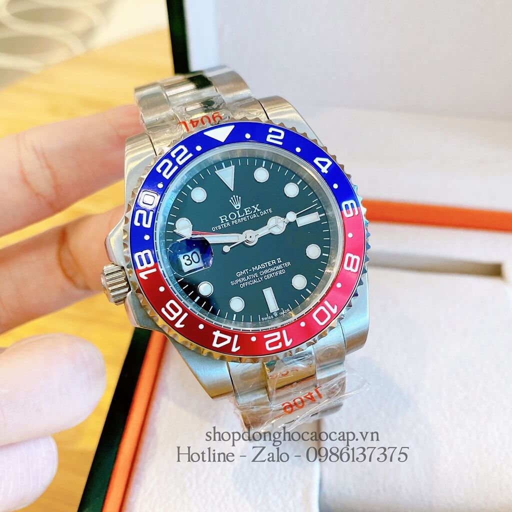 Đồng Hồ Rolex GMT-Master II Tự Động Nam Dây Kim Loại Mặt Đen Silver 40mm