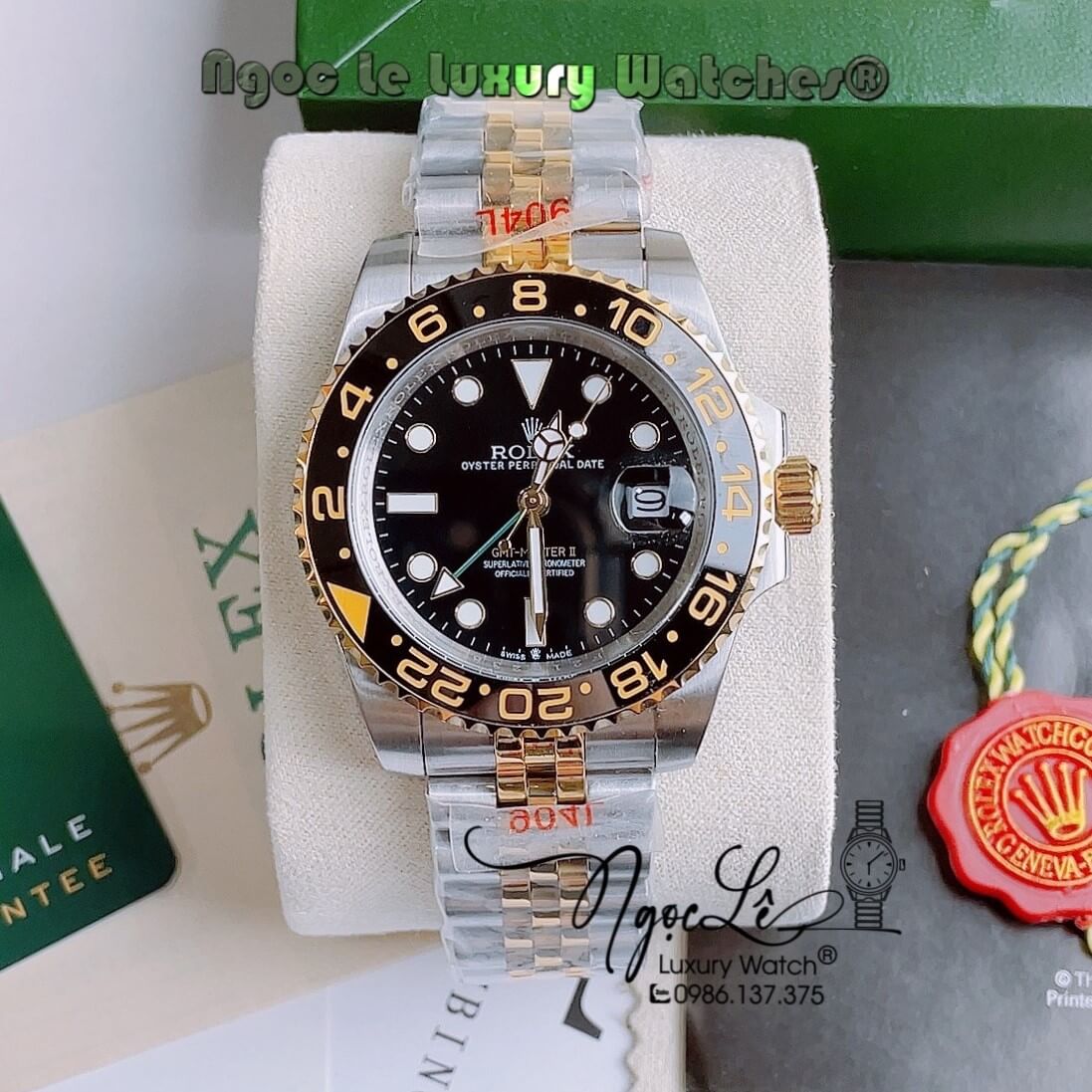 Đồng Hồ Rolex GMT-Master II Automatic Nam Dây Kim Loại Demi Vàng Mặt Đen Size 40mm