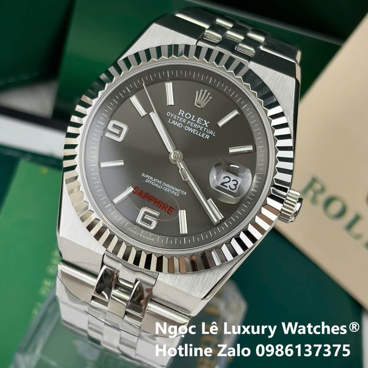 Đồng Hồ Rolex Land-Dweller Dây Kim Loại Bạc Mặt Đen Xám Size 40mm Vành Khía
