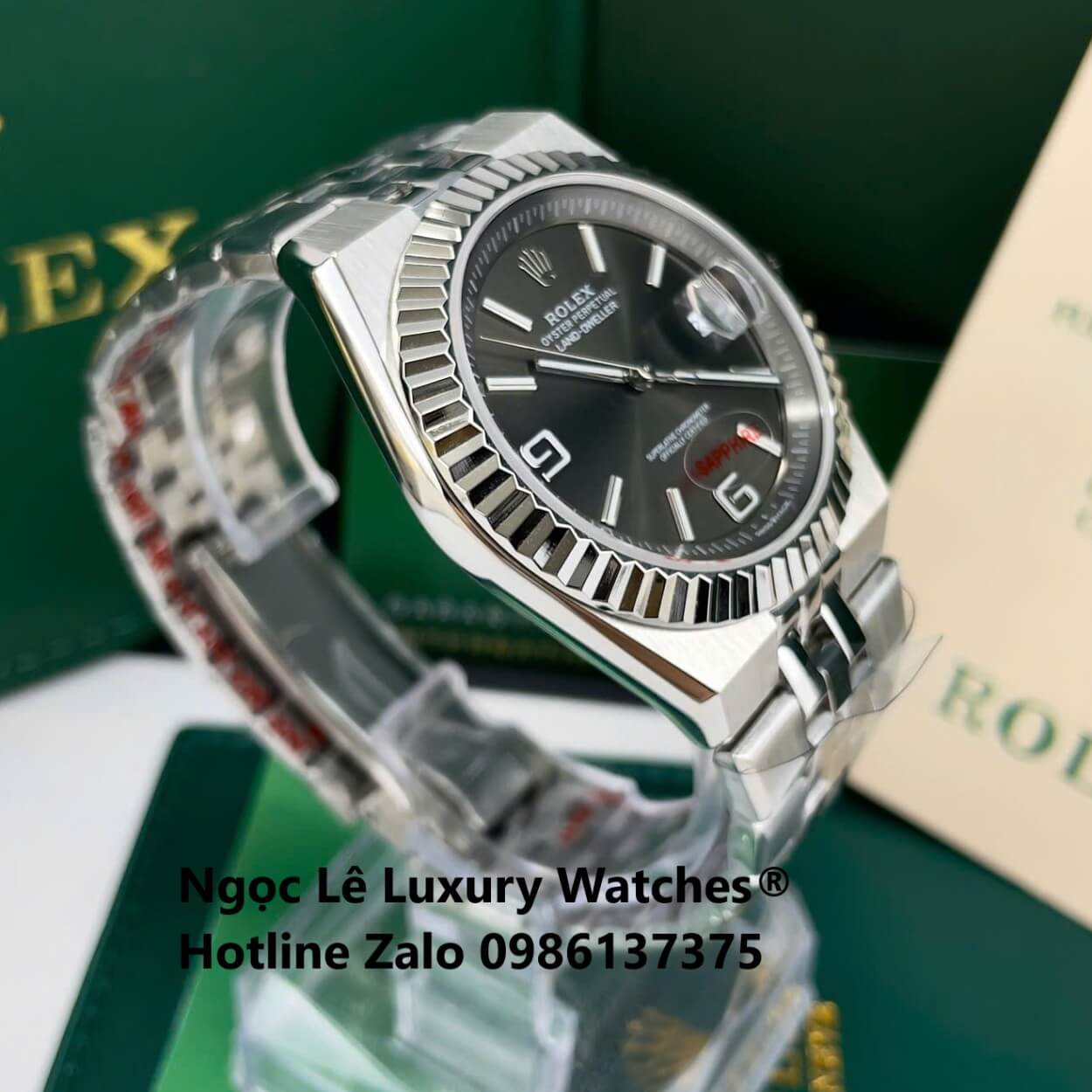 Đồng Hồ Rolex Land-Dweller Dây Kim Loại Bạc Mặt Đen Xám Size 40mm Vành Khía