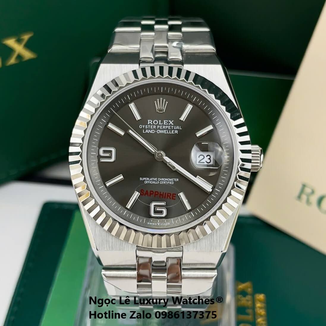 Đồng Hồ Rolex Land-Dweller Dây Kim Loại Bạc Mặt Đen Xám Size 40mm Vành Khía