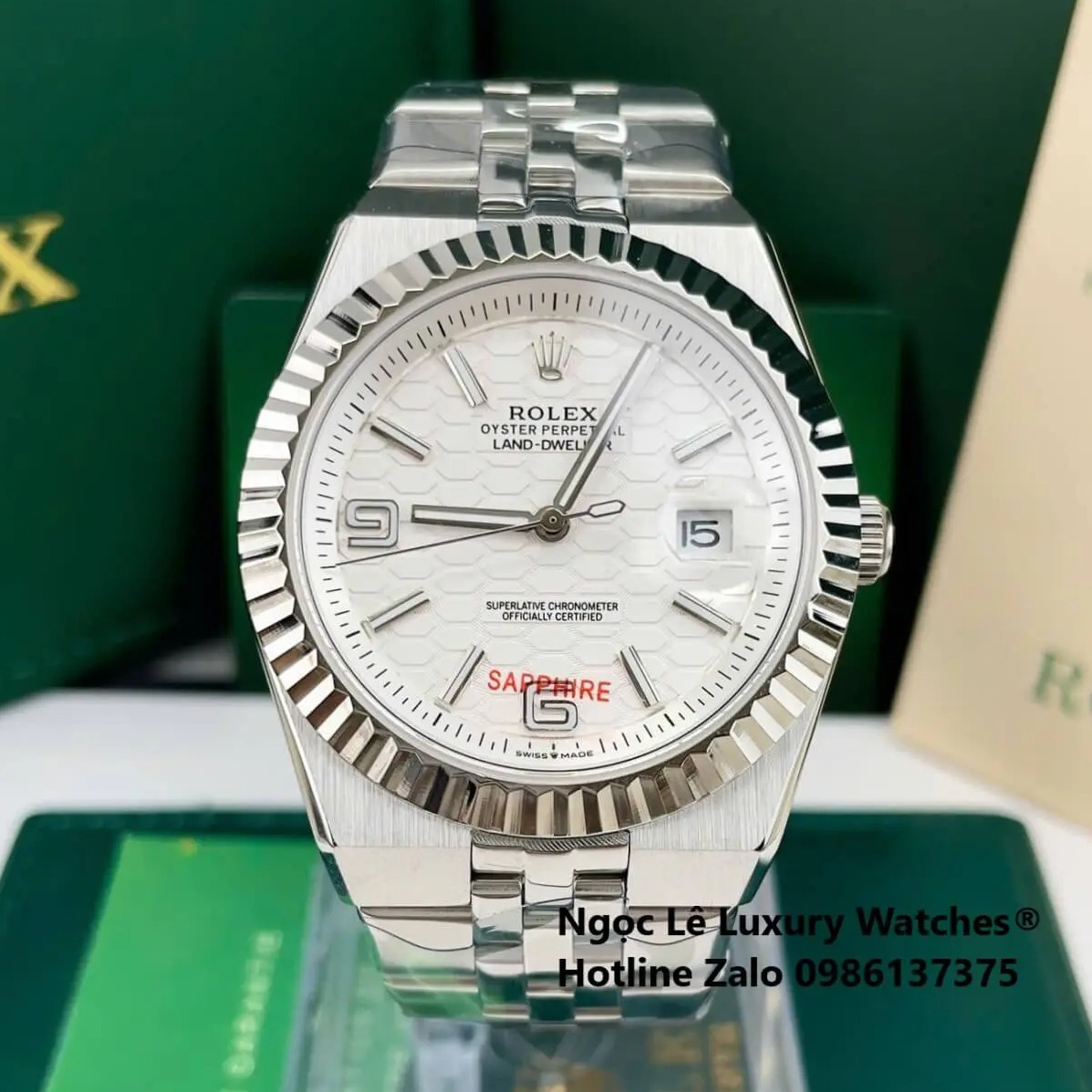 Đồng Hồ Rolex Land-Dweller Dây Kim Loại Bạc Mặt Trắng Họa Tiết Tổ Ong Size 40mm Vành Khía