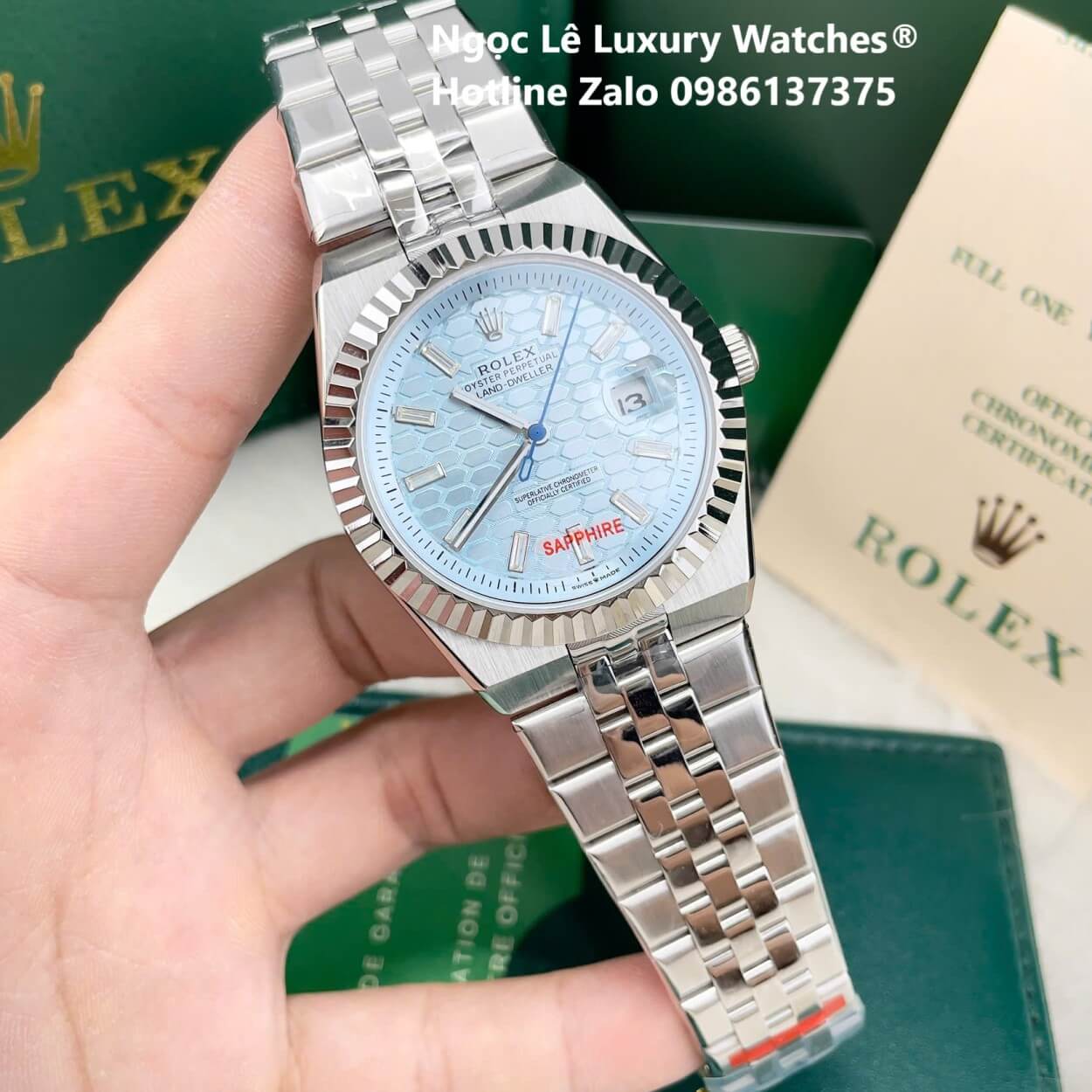 Đồng Hồ Rolex Land-Dweller Dây Kim Loại Bạc Mặt Xanh Dương Nhạt Họa Tiết Tổ Ong Size 40mm Vành Khía