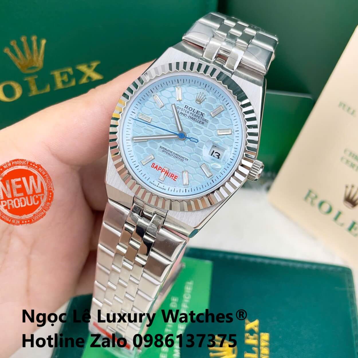 Đồng Hồ Rolex Land-Dweller Dây Kim Loại Bạc Mặt Xanh Dương Nhạt Họa Tiết Tổ Ong Size 40mm Vành Khía