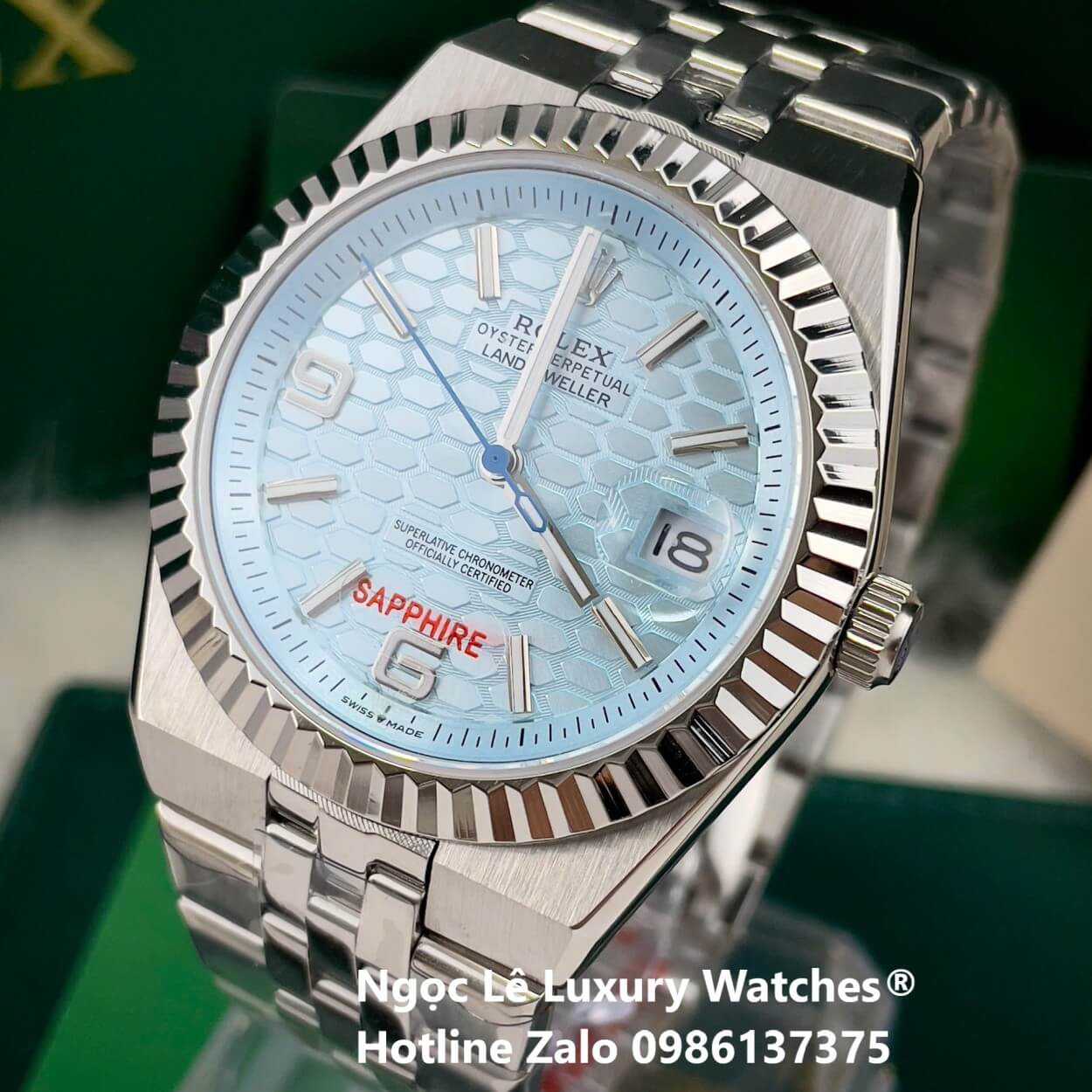 Đồng Hồ Rolex Land-Dweller Dây Kim Loại Bạc Mặt Xanh Dương Nhạt Size 40mm Vành Khía