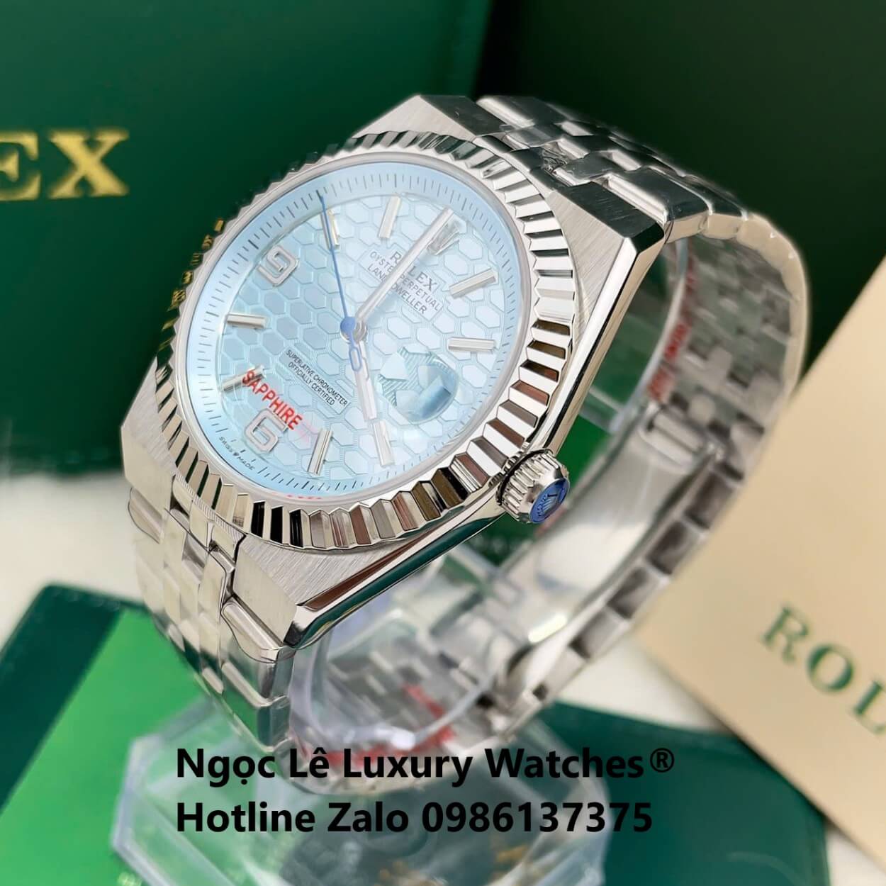 Đồng Hồ Rolex Land-Dweller Dây Kim Loại Bạc Mặt Xanh Dương Nhạt Size 40mm Vành Khía