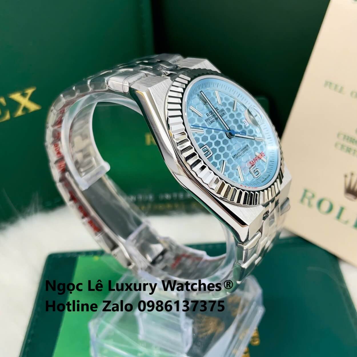 Đồng Hồ Rolex Land-Dweller Dây Kim Loại Bạc Mặt Xanh Dương Nhạt Size 40mm Vành Khía