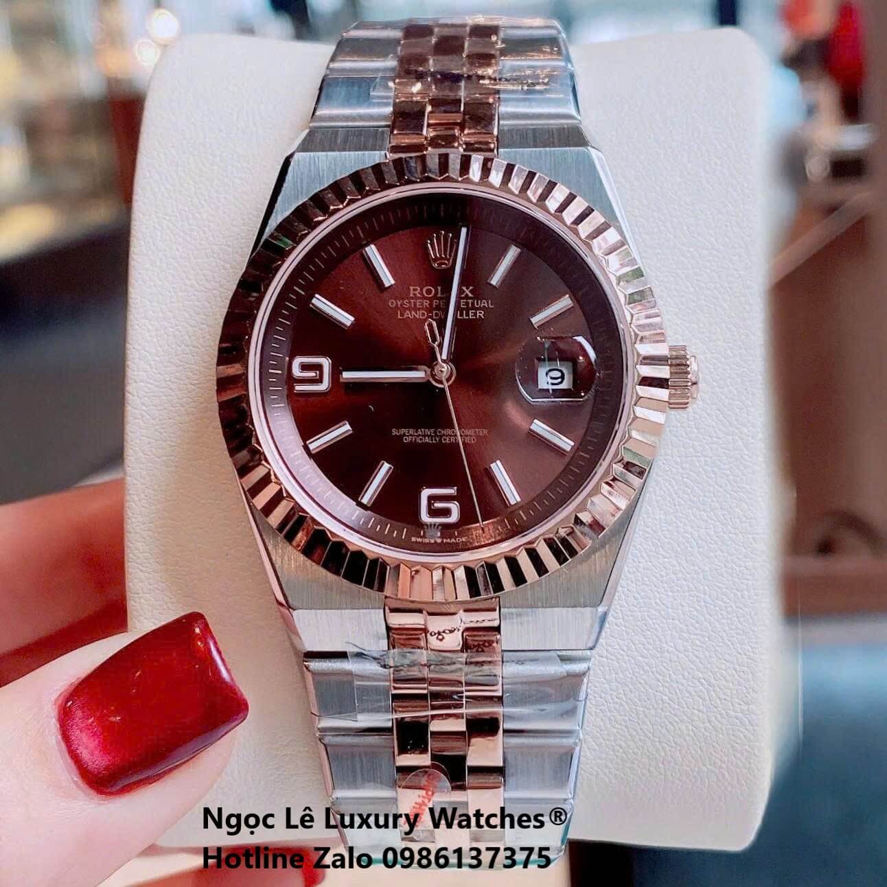 Đồng Hồ Rolex Land-Dweller Dây Kim Loại Demi Vàng Hồng Mặt Nâu Size 40mm Vành Khía