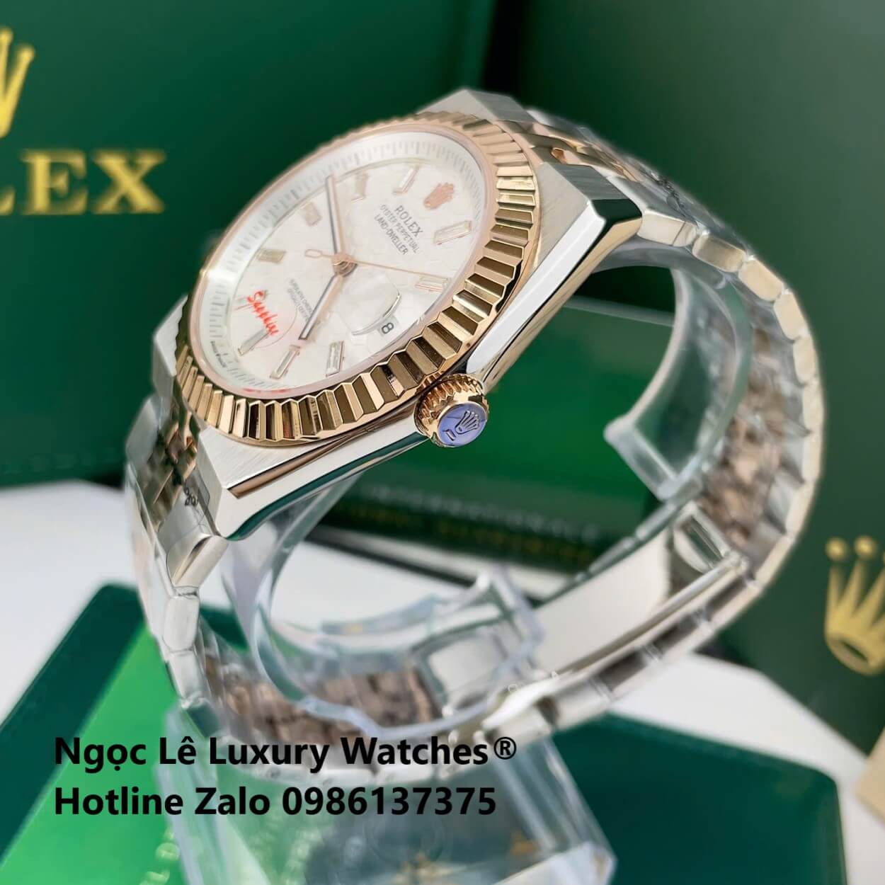 Đồng Hồ Rolex Land-Dweller Dây Kim Loại Demi Vàng Hồng Mặt Trắng Họa Tiết Tổ Ong Size 40mm Vành Khía