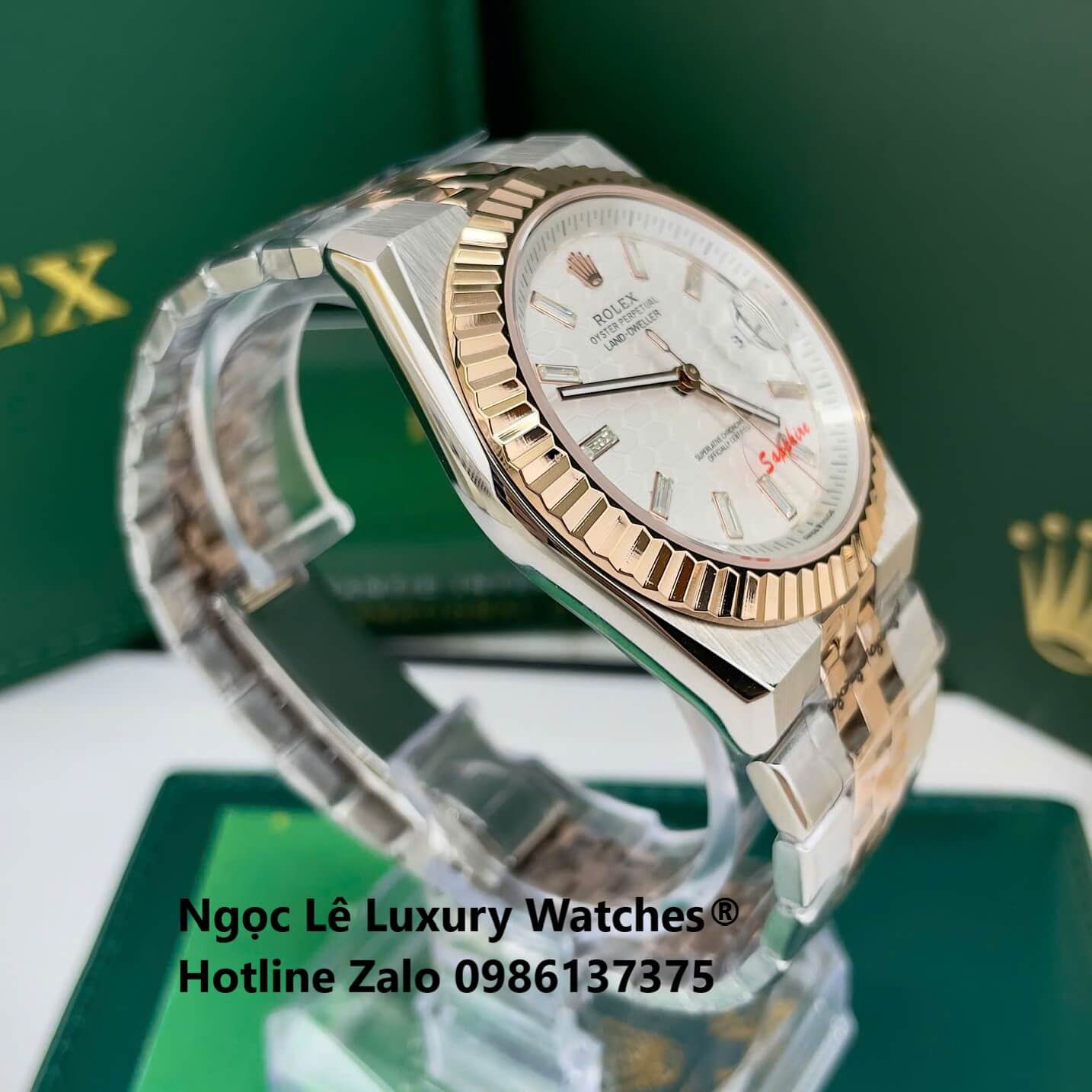 Đồng Hồ Rolex Land-Dweller Dây Kim Loại Demi Vàng Hồng Mặt Trắng Họa Tiết Tổ Ong Size 40mm Vành Khía