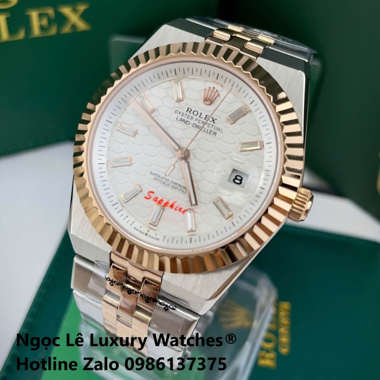 Đồng Hồ Rolex Land-Dweller Dây Kim Loại Demi Vàng Hồng Mặt Trắng Họa Tiết Tổ Ong Size 40mm Vành Khía
