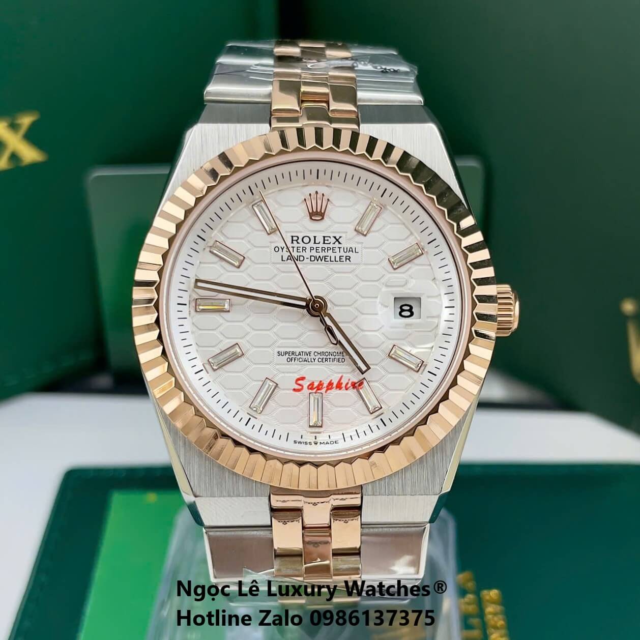 Đồng Hồ Rolex Land-Dweller Dây Kim Loại Demi Vàng Hồng Mặt Trắng Họa Tiết Tổ Ong Size 40mm Vành Khía