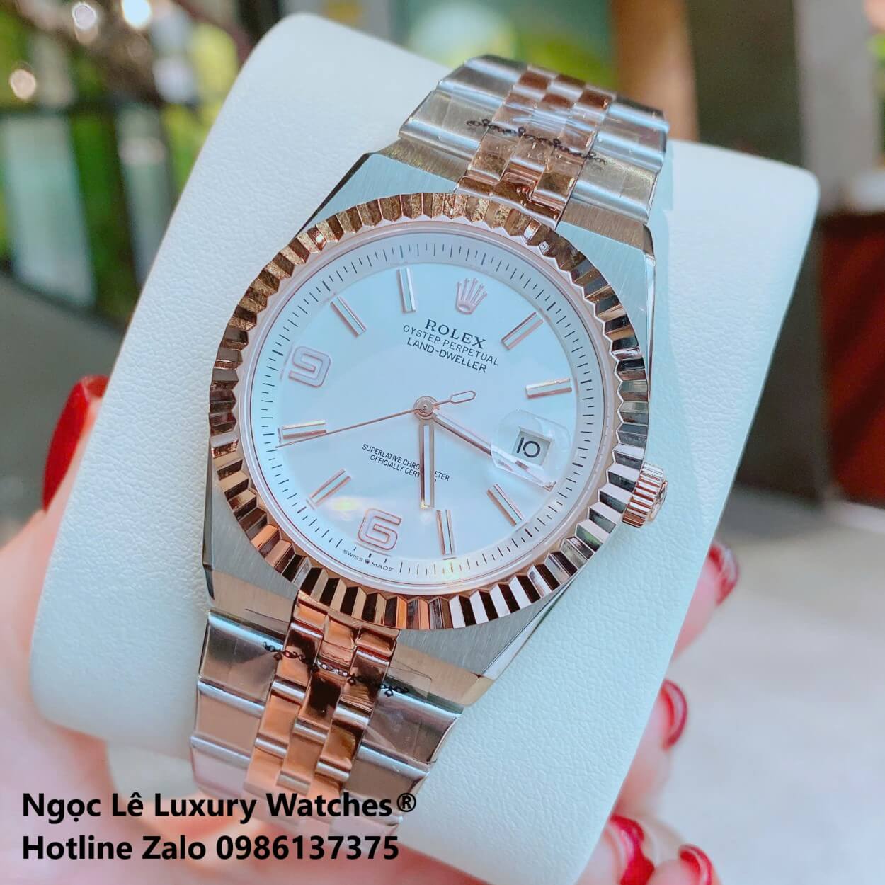 Đồng Hồ Rolex Land-Dweller Dây Kim Loại Demi Vàng Hồng Mặt Trắng Size 40mm Vành Khía