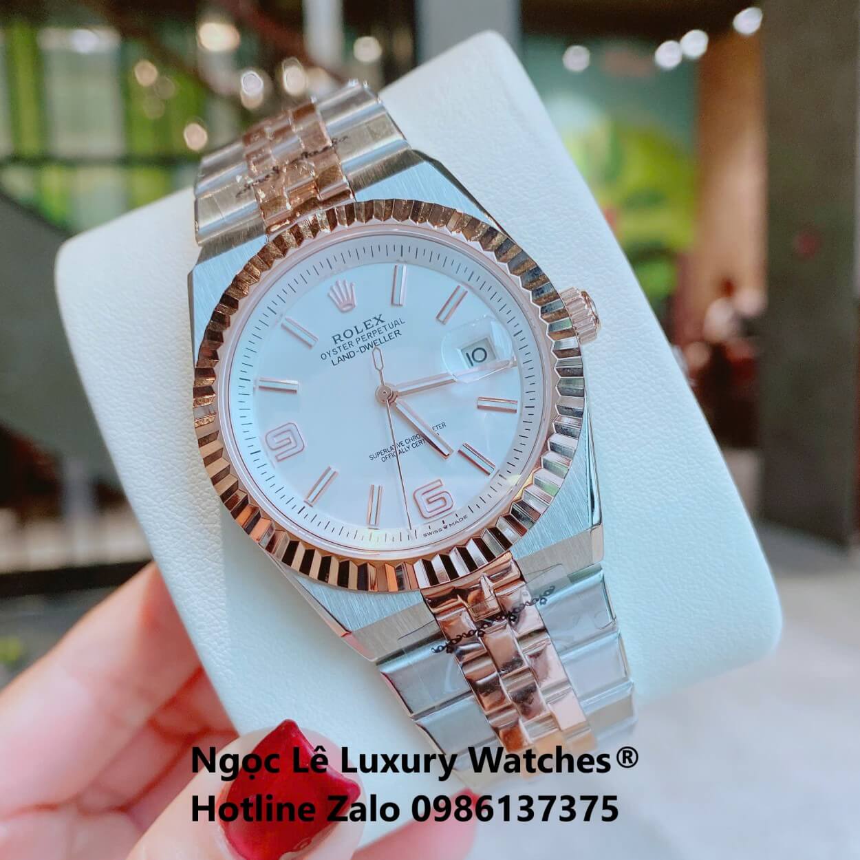 Đồng Hồ Rolex Land-Dweller Dây Kim Loại Demi Vàng Hồng Mặt Trắng Size 40mm Vành Khía
