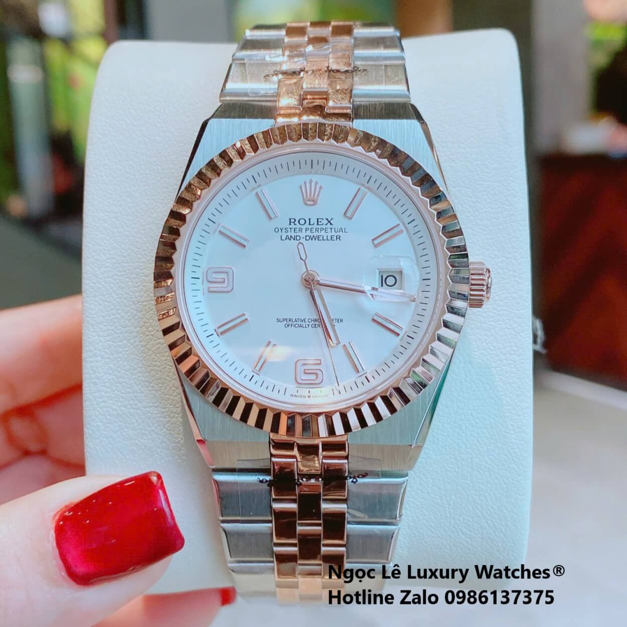 Đồng Hồ Rolex Land-Dweller Dây Kim Loại Demi Vàng Hồng Mặt Trắng Size 40mm Vành Khía