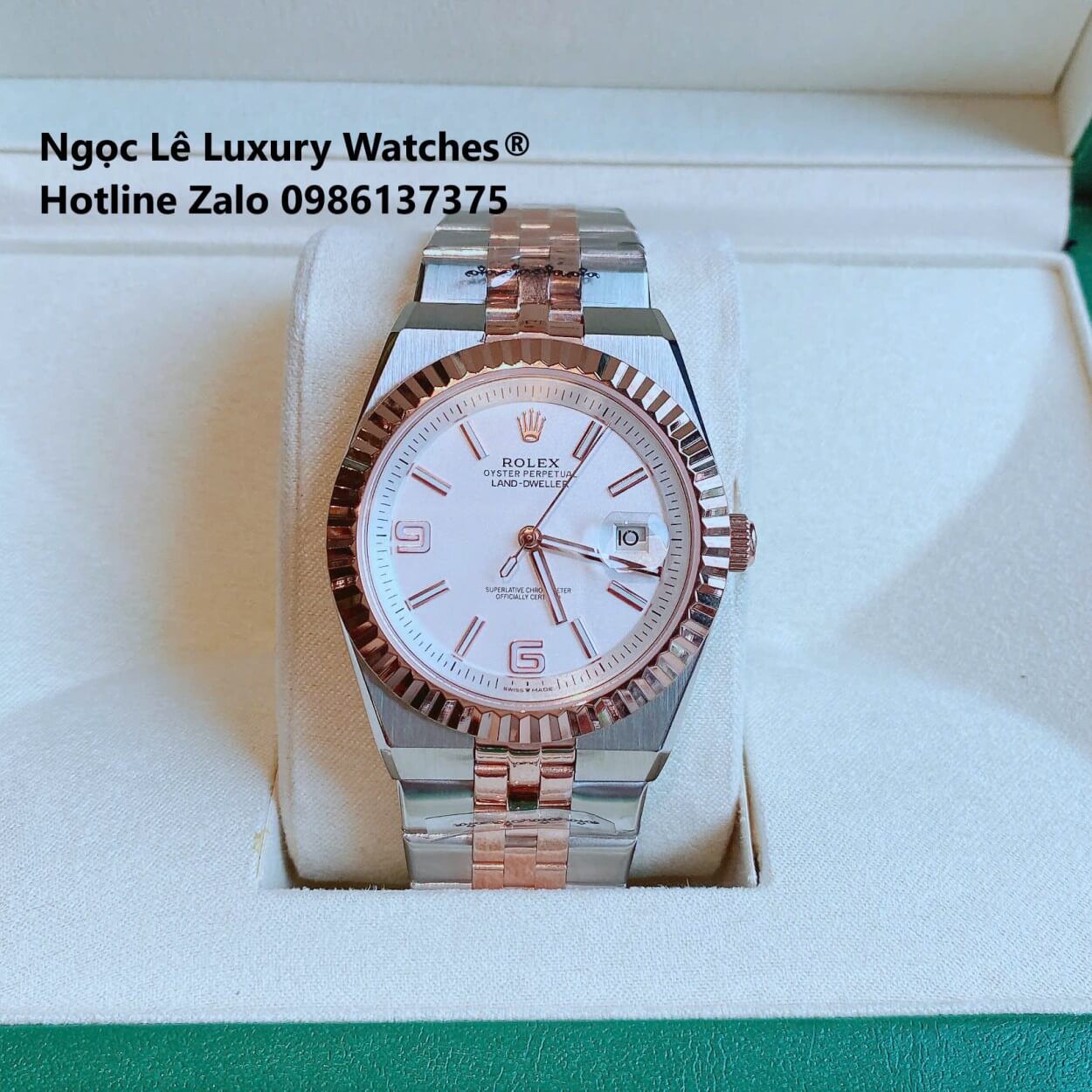 Đồng Hồ Rolex Land-Dweller Dây Kim Loại Demi Vàng Hồng Mặt Trắng Size 40mm Vành Khía