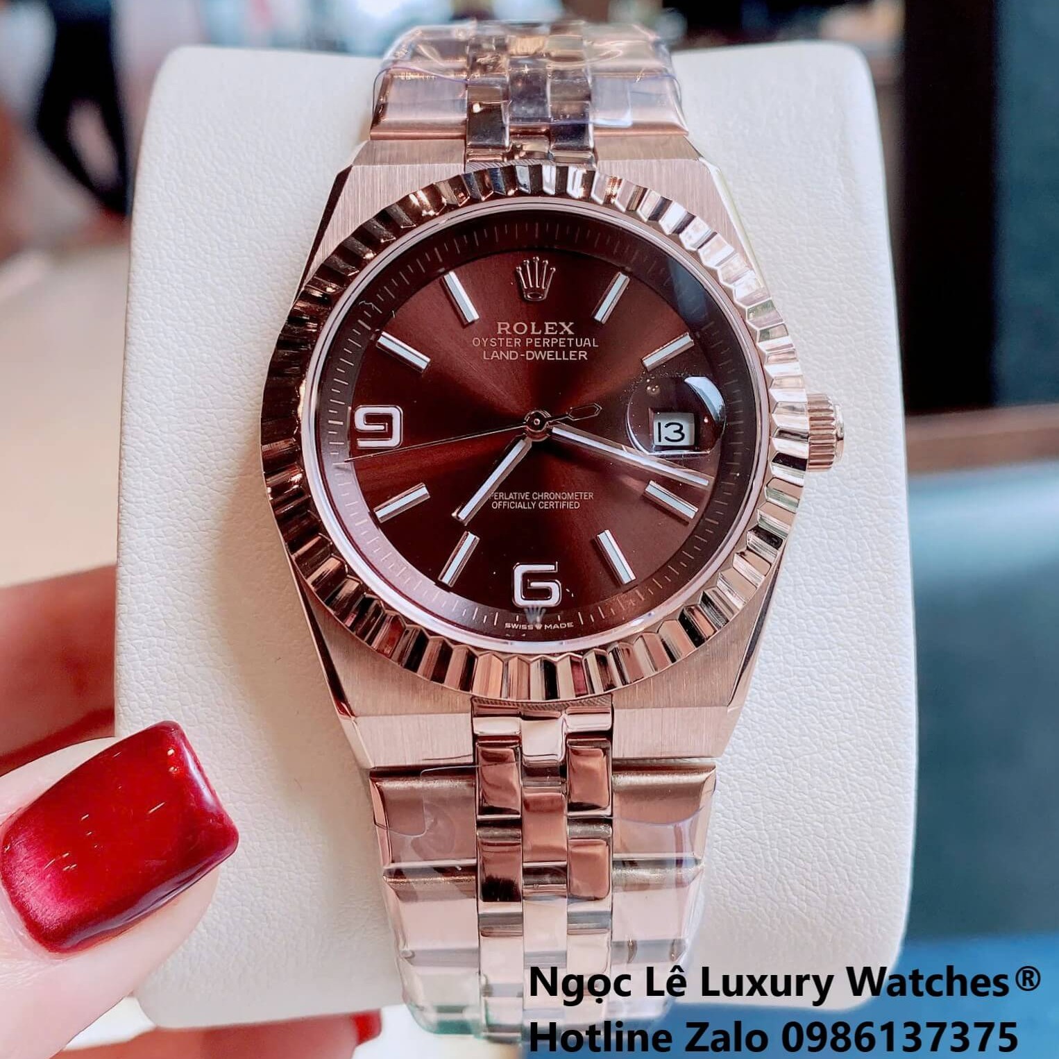 Đồng Hồ Rolex Land-Dweller Dây Kim Loại Vàng Hồng Mặt Nâu Size 40mm Vành Khía