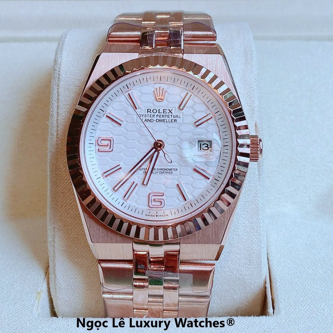 Đồng Hồ Rolex Land-Dweller Dây Kim Loại Vàng Hồng Mặt Trắng Họa Tiết Tổ Ong Size 40mm Vành Khía