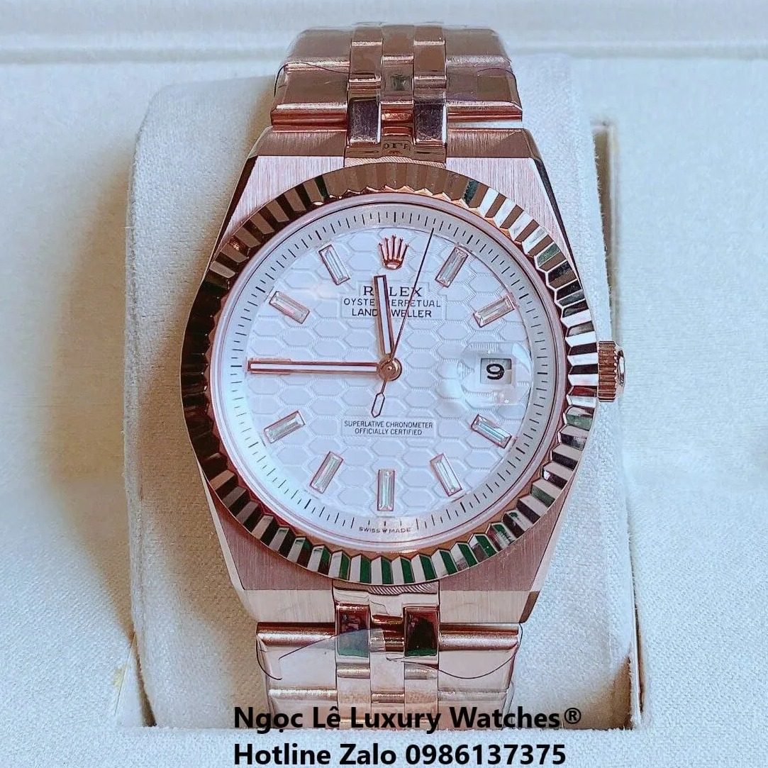 Đồng Hồ Rolex Land-Dweller Dây Kim Loại Vàng Hồng Mặt Trắng Họa Tiết Tổ Ong Size 40mm Vành Khía