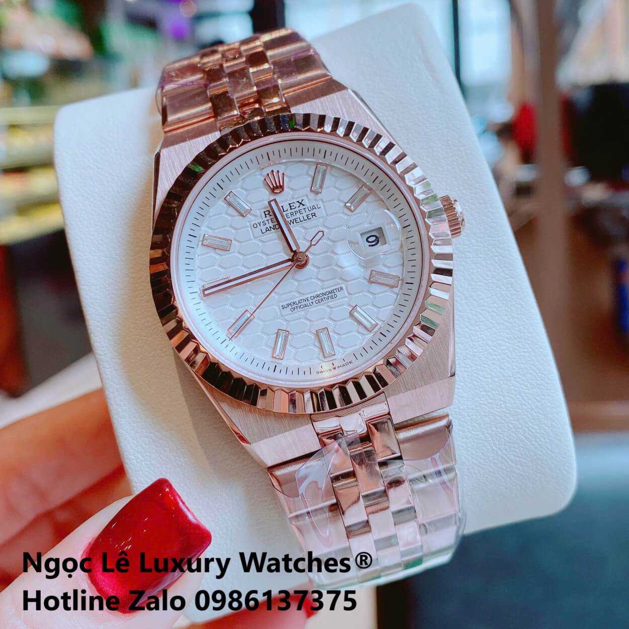 Đồng Hồ Rolex Land-Dweller Dây Kim Loại Vàng Hồng Mặt Trắng Họa Tiết Tổ Ong Size 40mm Vành Khía