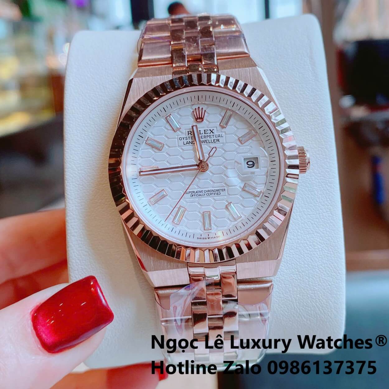 Đồng Hồ Rolex Land-Dweller Dây Kim Loại Vàng Hồng Mặt Trắng Họa Tiết Tổ Ong Size 40mm Vành Khía