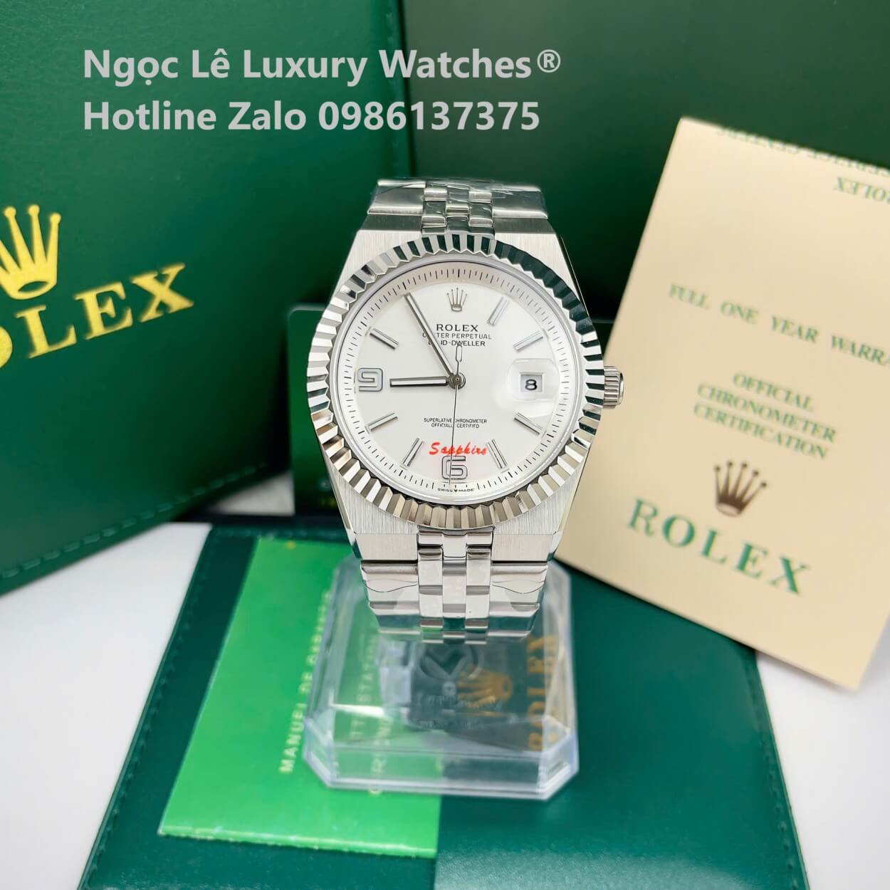 Đồng Hồ Rolex Land-Dweller Dây Kim Loại Bạc Mặt Trắng Size 40mm Vành Khía