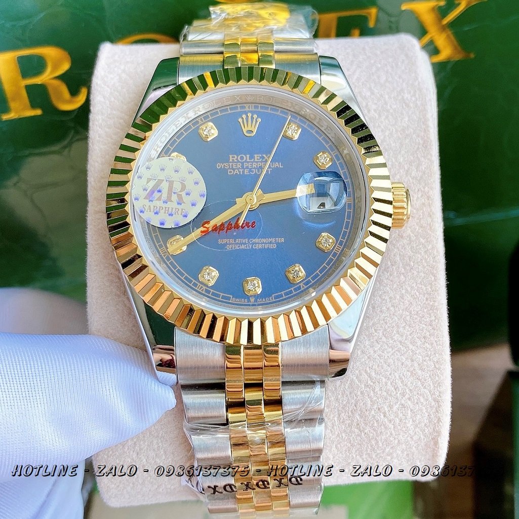 Đồng Hồ Rolex Nam Automatic Demi Mặt Khía Xanh Dương 41mm