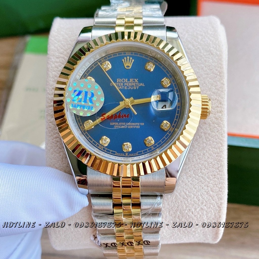 Đồng Hồ Rolex Nam Automatic Demi Mặt Khía Xanh Dương 41mm