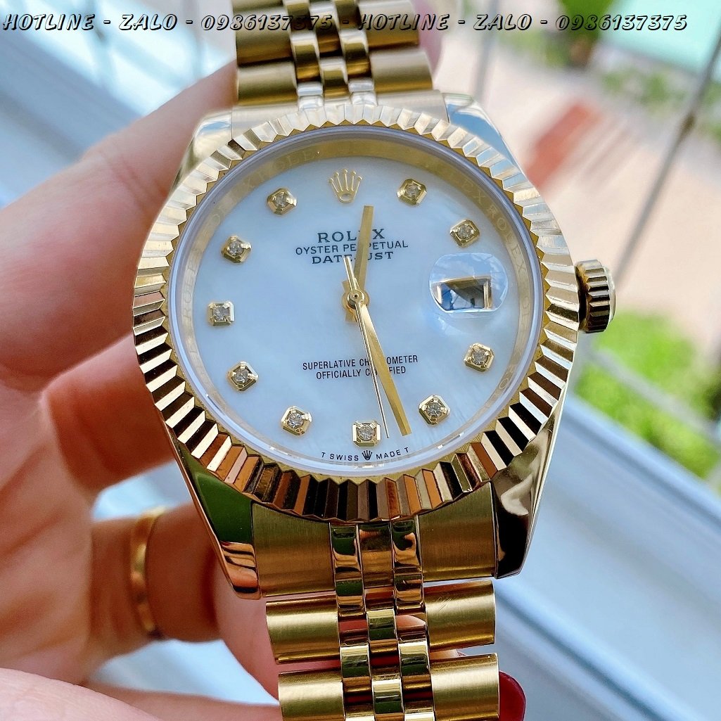 Đồng Hồ Rolex Nam Automatic Mặt Khía Trắng Ngọc Gold 41mm