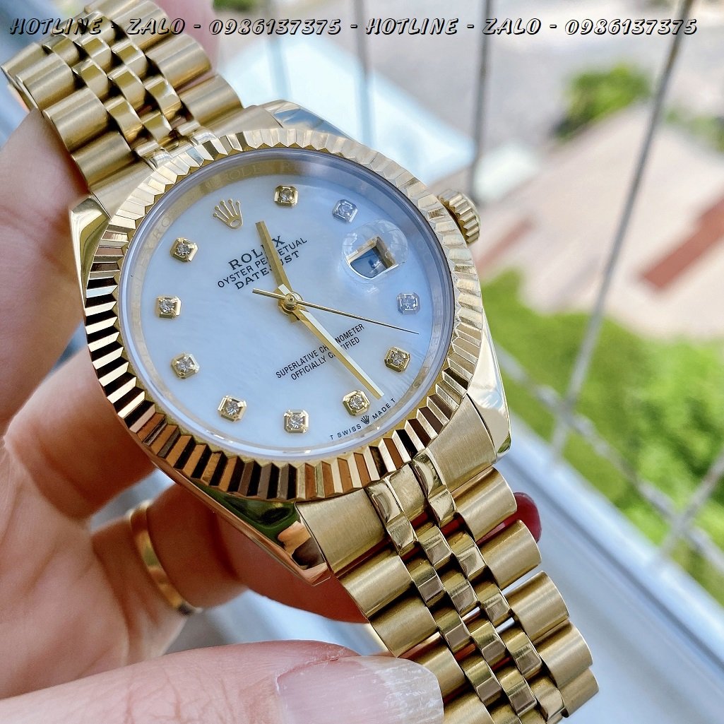 Đồng Hồ Rolex Nam Automatic Mặt Khía Trắng Ngọc Gold 41mm