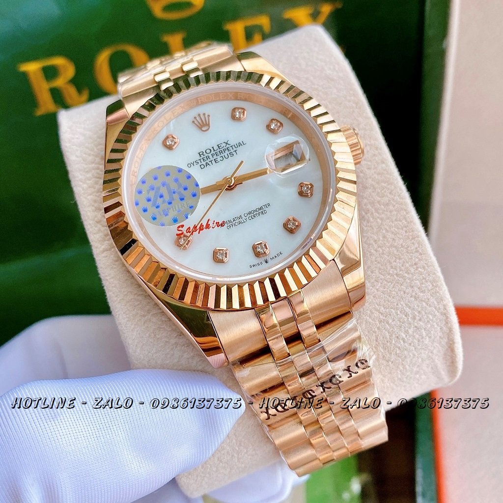 Đồng Hồ Rolex Nam Automatic Mặt Khía Trắng Ngọc Rose Gold 41mm