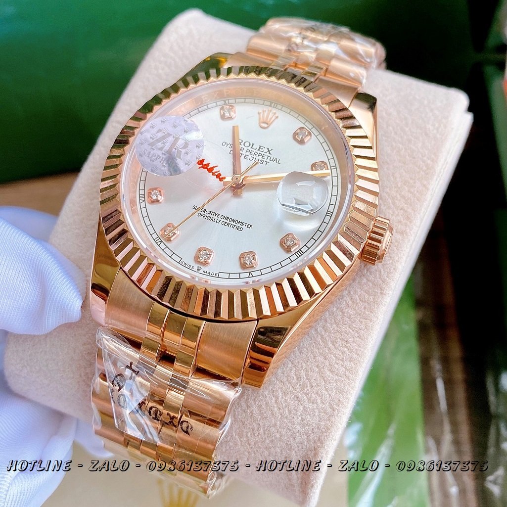 Đồng Hồ Rolex Nam Automatic Mặt Khía Trắng Rose Gold 41mm