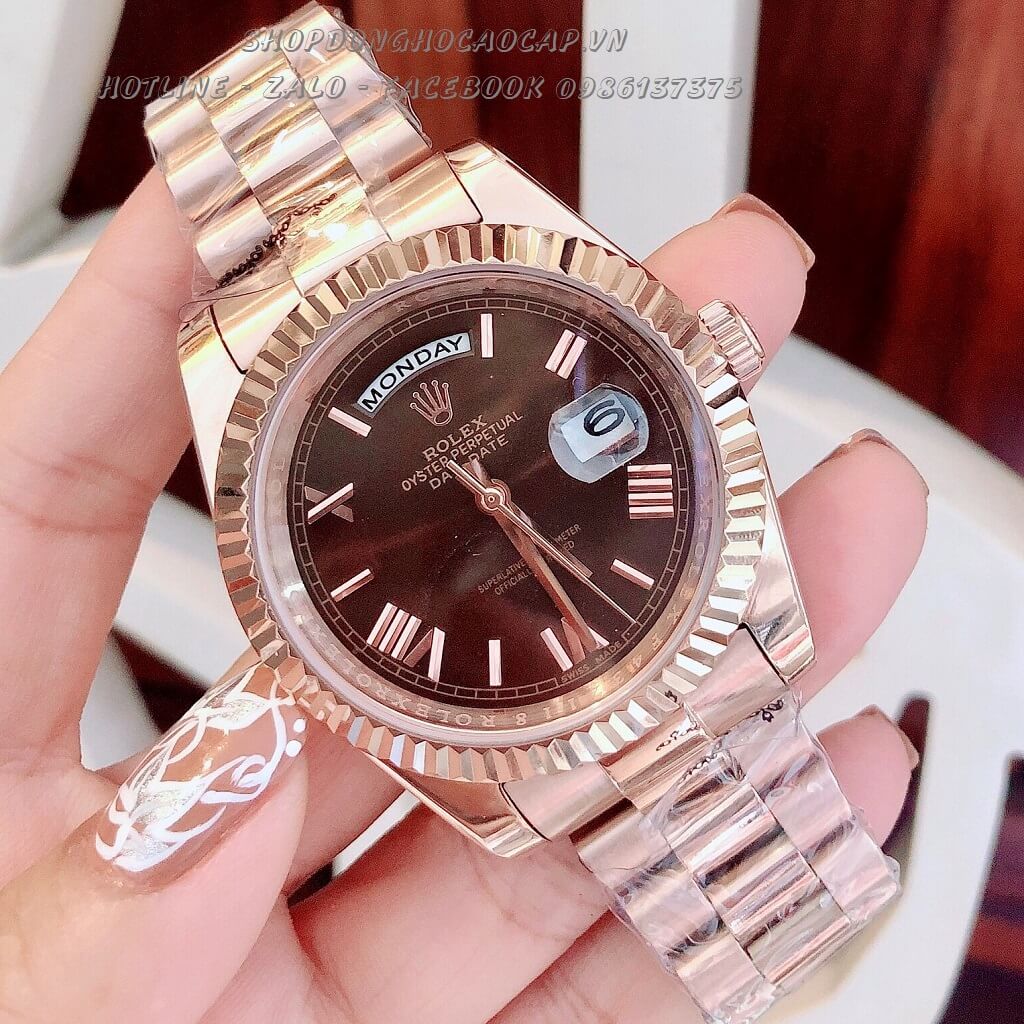 Đồng Hồ Rolex Nam Automatic Vàng Hồng Mặt Nâu 2 Lịch 41mm (Mặt Gạch)