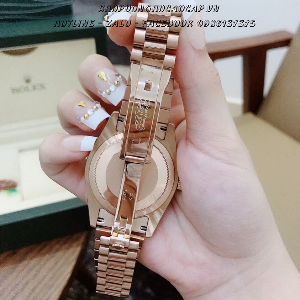 Đồng Hồ Rolex Tự Động Nam 2 Lịch Vàng Hồng Mặt Nâu Đính Đá 41mm