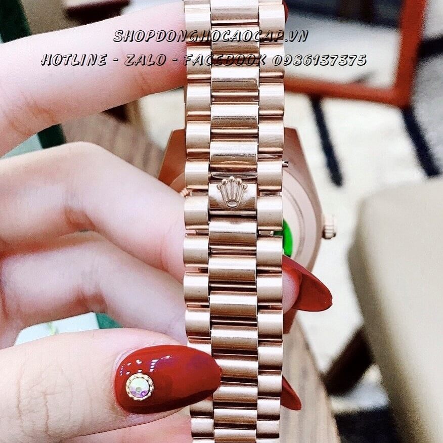 Đồng Hồ Rolex Tự Động Nam 2 Lịch Vàng Hồng Mặt Nâu Đính Đá 41mm