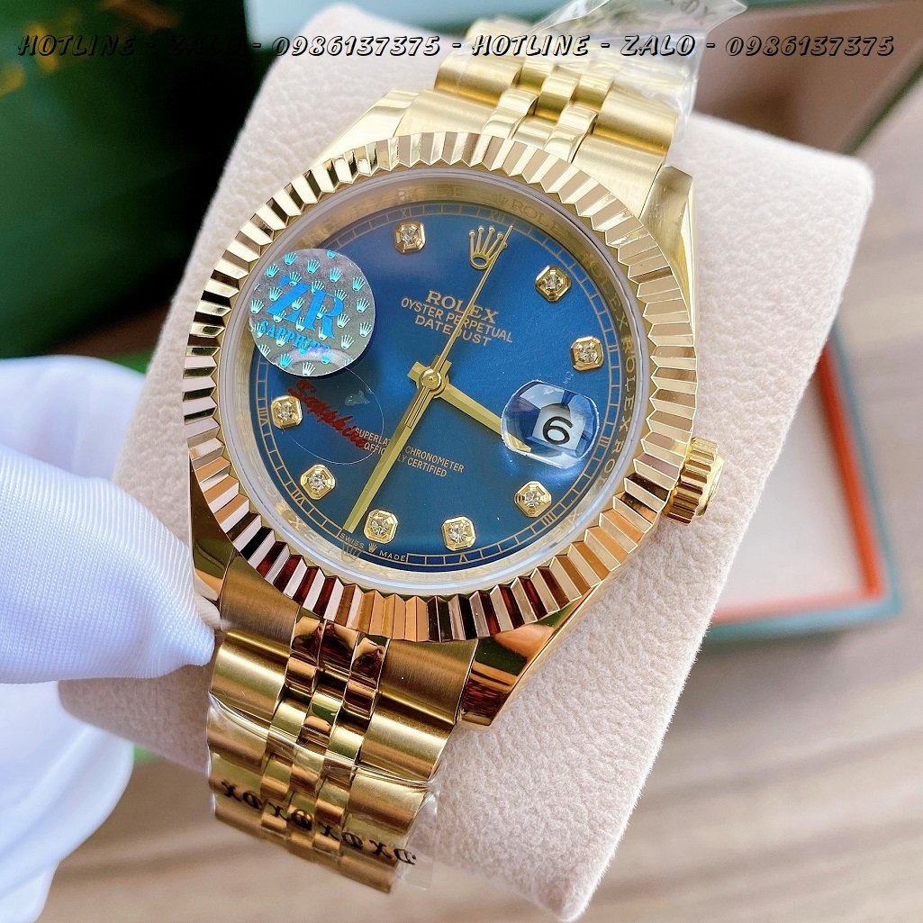 Đồng Hồ Rolex Nam Automatic Vàng Mặt Khía Xanh Dương 41mm