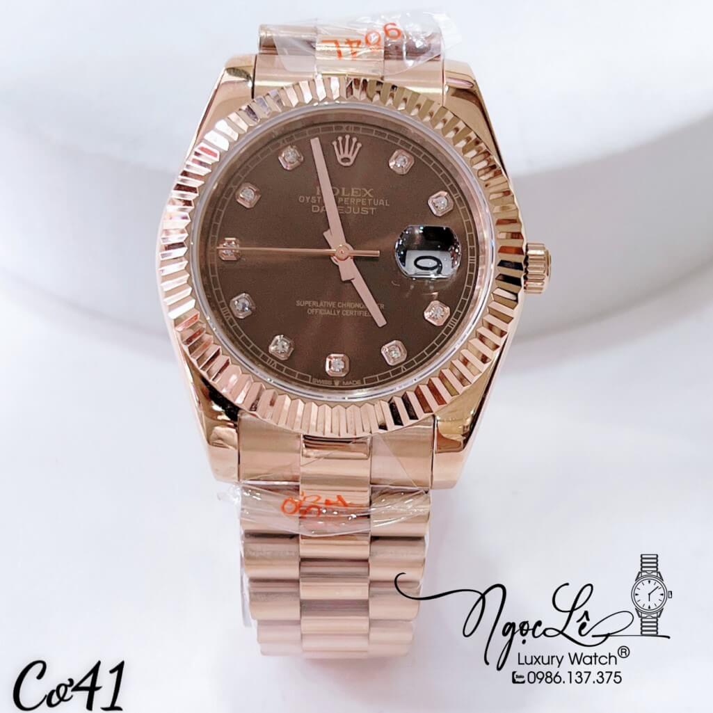 Đồng Hồ Nam Rolex Datejust Máy Cơ Tự Động Dây Kim Loại Rose Mặt Nâu 41mm